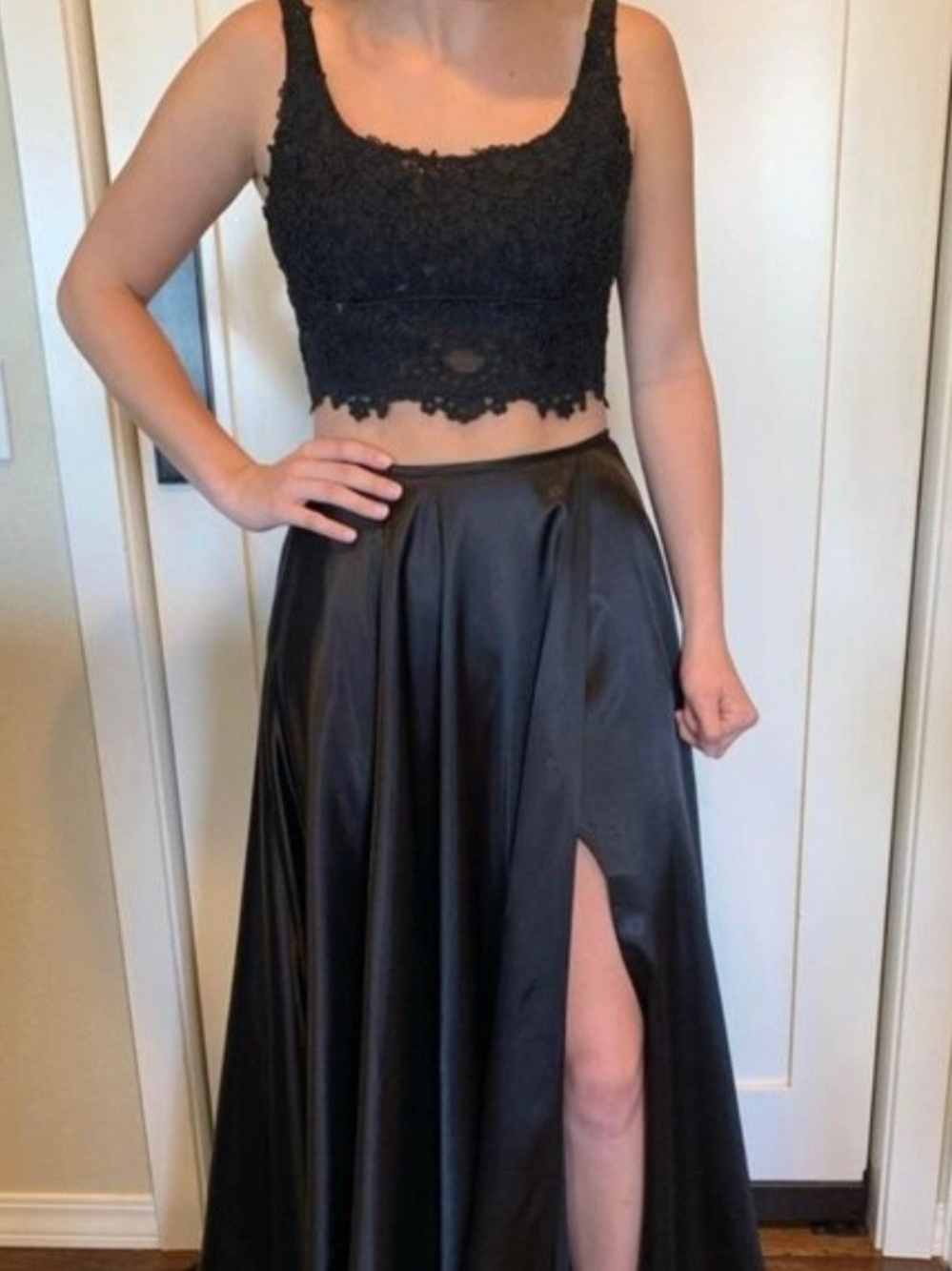 Women’s Black Lace Crop Top & Satin Skirt Set